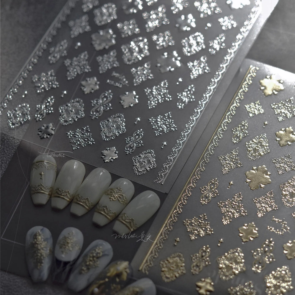 Gold Stamped Silver Totems Geometric Patterns Figure 5D Self Adhesive Nail Art Stickers Stars Bohemia Manicure Decals Wholesale (Online Order Only)