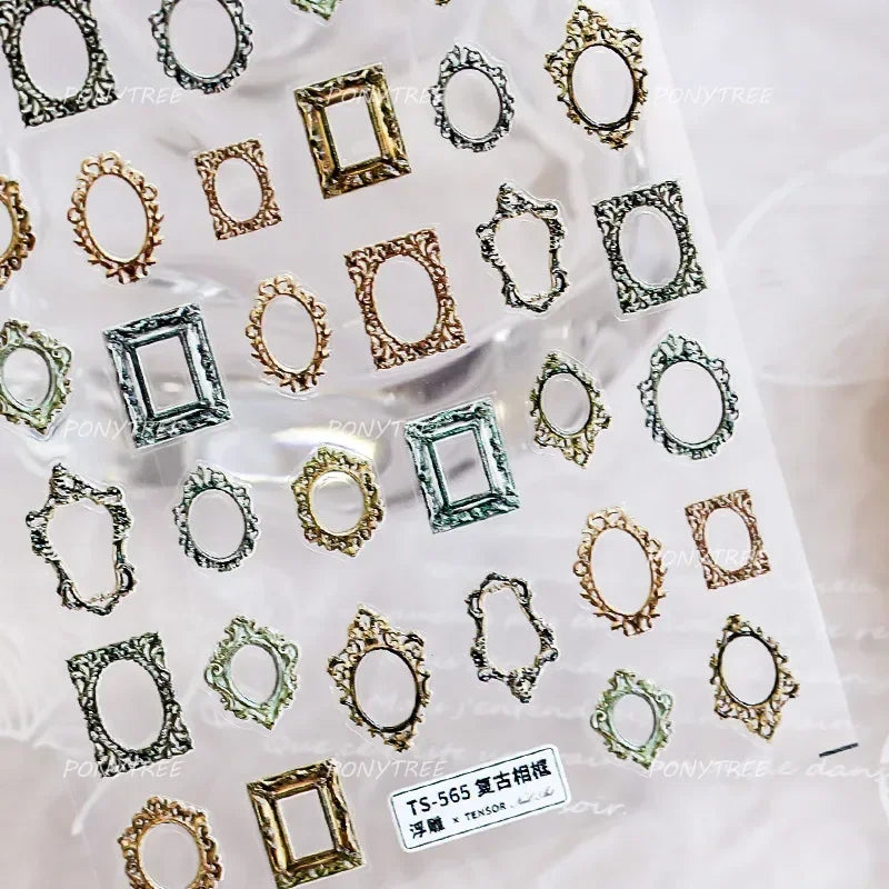 Retro Glass Geometry Glaze Rectangle Round Rose Camellia Adhesive Nail Art Stickers Frame Gemstone Charm Noble Manicure Decals (ONLINE ORDER ONLY)