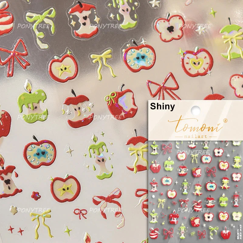 Cute Lucky Bear Apple Core Star Bowknot Flower Delicious Cookies Cherry Cake Dessert Milk Vase Adhesive Nail Art Stickers Decals (ONLINE ORDER ONLY)