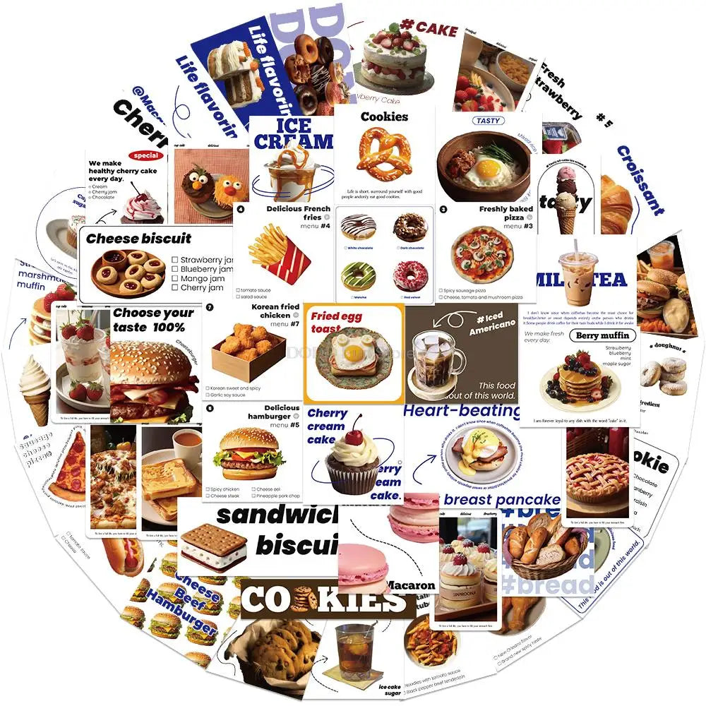 50PCS Waterproof PVC Food Label Stickers for Dessert, Cake, Bread, Biscuit, Burger, Decorative Book, Phone Case (Online Order Only)