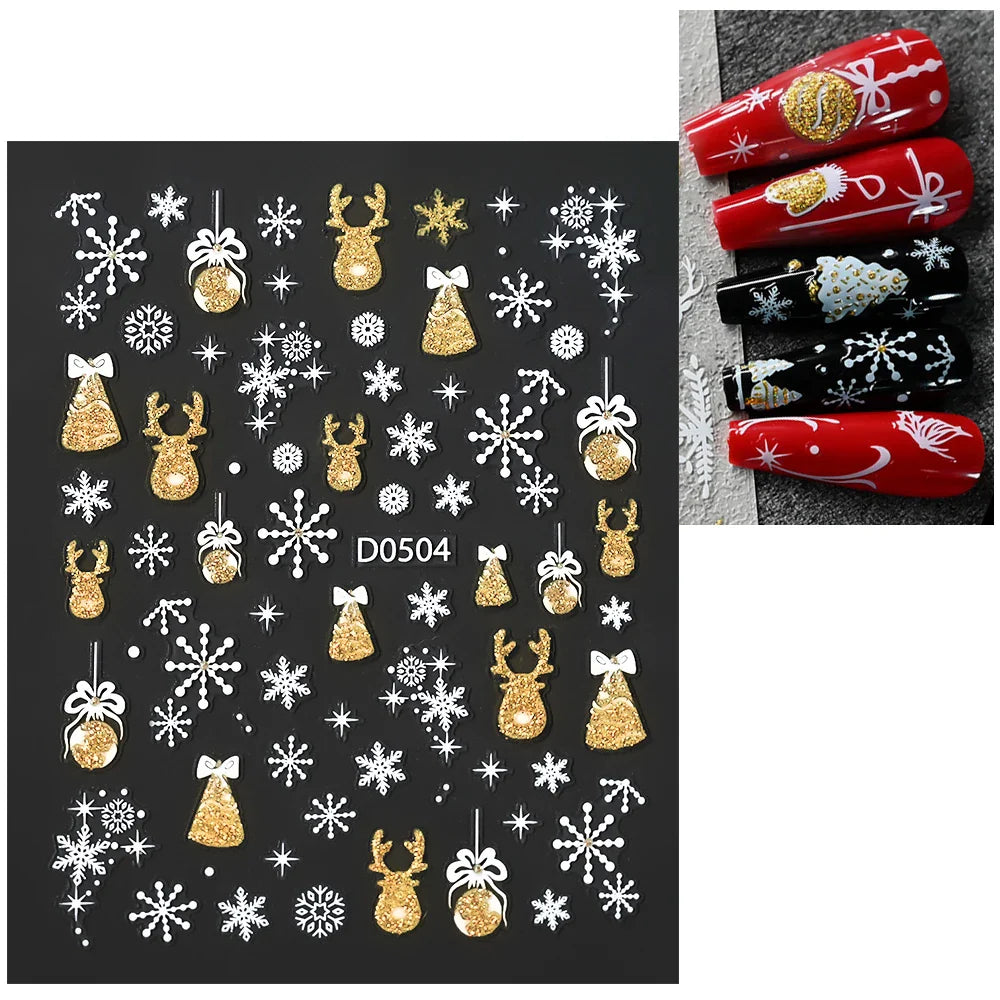 1pc Christmas Nail Sticker 3D Gold Glitter Snowflake Elk Penguin Bells Design Adhesive Nail Slider Decals Winter Manicure Decor* (Online Order Only)