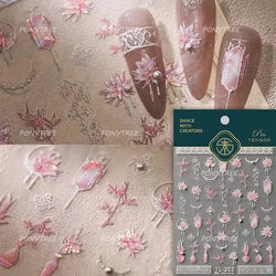 Retro Blue Lotus Flower Arrangement Vase Lantern Totem Pattern Bamboo Leaf Self Adhesive Nail Art Stickers Shiny Manicure Decals (ONLINE ORDER ONLY)