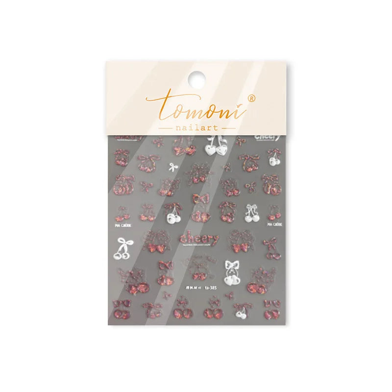 Colourful Cherry Abundant Fruits Bowknot Shiny White Line Outline Self Adhesive Nail Art Stickers Chic Rhinestone Manicure Decal (ONLINE ORDER ONLY)