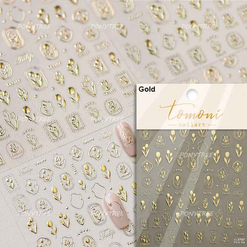 Golden Border Tulip Bloom Flower Bowknot Geometric Frame Metal Workmanship Charming Adhesive Nail Art Sticker Manicure Decals (ONLINE ORDER ONLY)