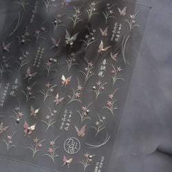 Vigorous Pink Orchid Cymbidium Antique Fragrant Thoroughwort Grass Butterfly Adhesive Nail Art Sticker Plant 3D Manicure Decals (ONLINE ORDER ONLY)