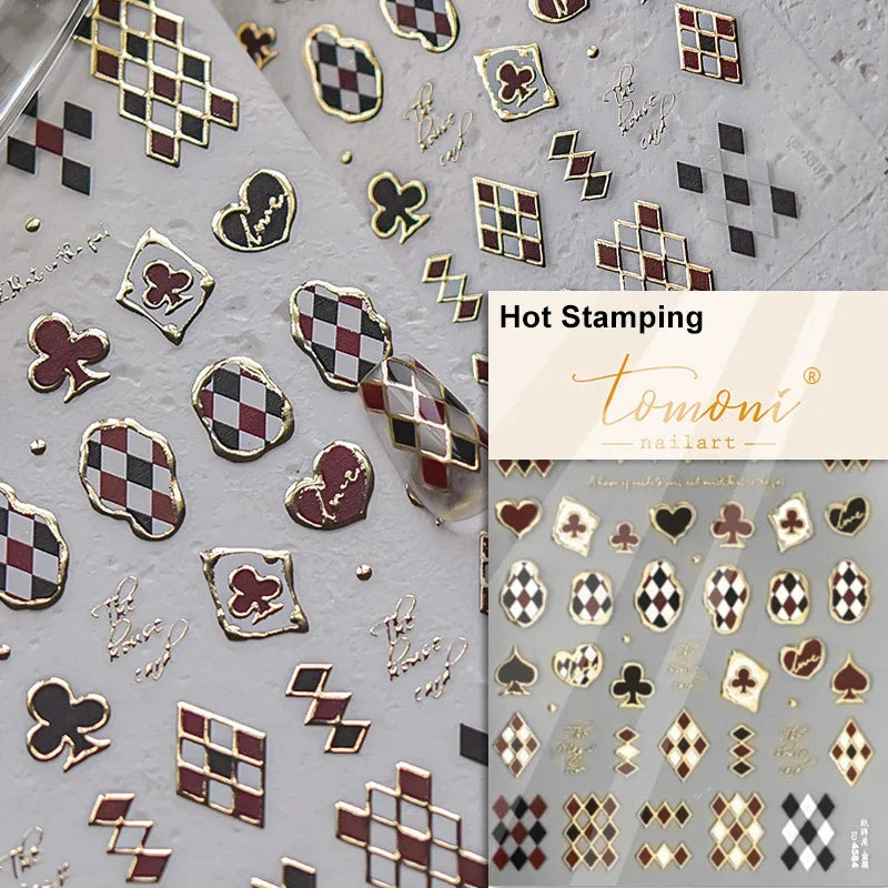 Poker Red Love Heart Square Grid Star Moon Card Pattern Spade Retro 3D Self Adhesive Nail Art Decoration Sticker Manicure Decals (Online Order Only)