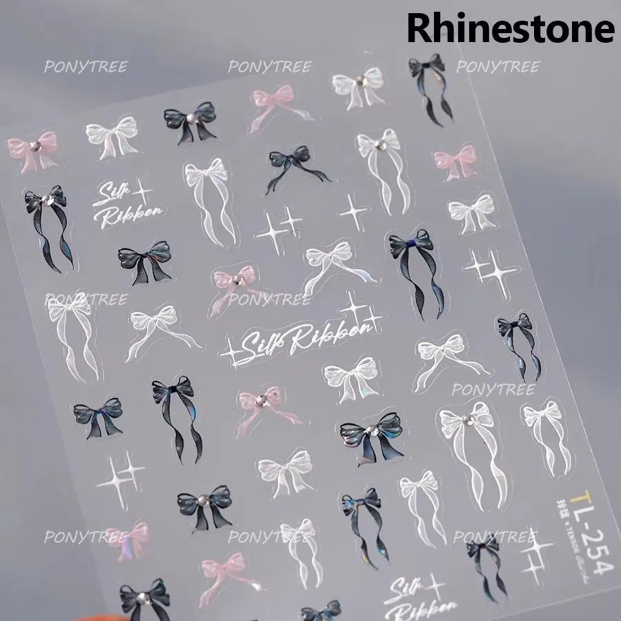 White Black Pink Bowknot Lace Star Pearl Tassel Pendant Shiny 5D Embossed Relief Self Adhesive Nail Art Stickers Manicure Decals (ONLINE ORDER ONLY)