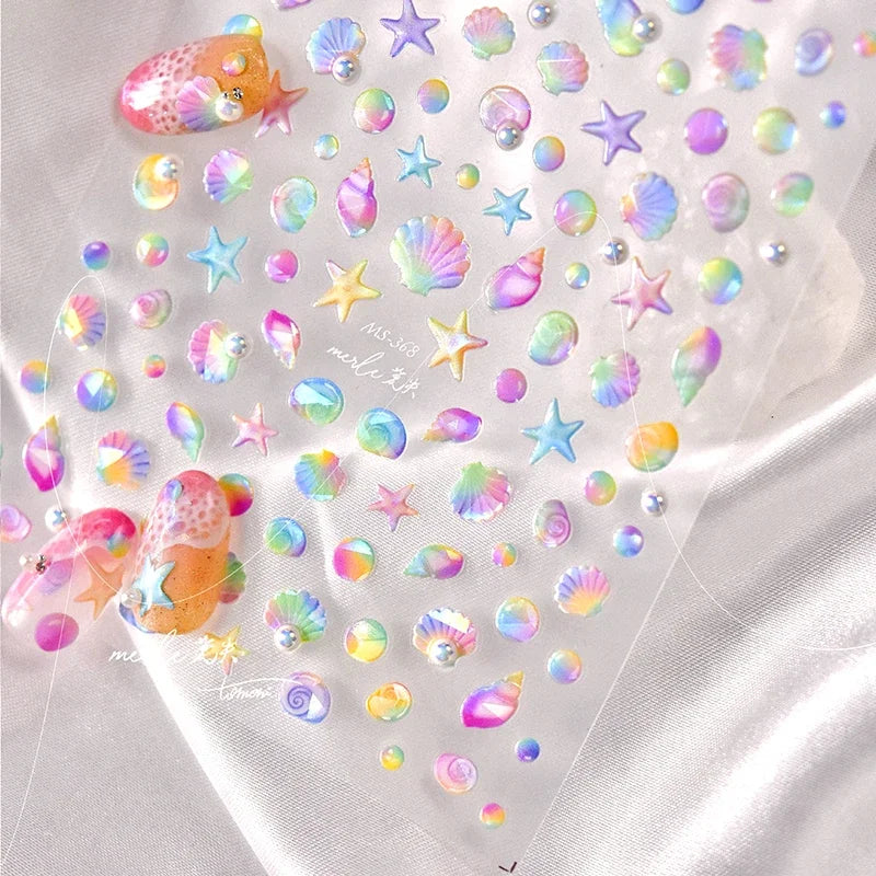 Fantasy Beach Summer Dreamy Colorful Seasnail Shell Pearl Conch Jelly Star 5D Decals Soft Relief 3D Decoration Nail Art Stickers (Online Order Only)