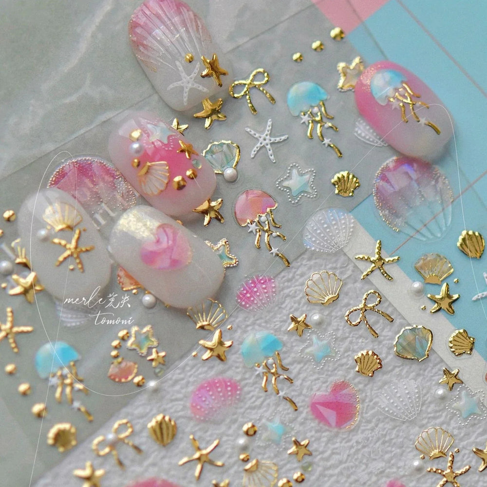 Halo Dyeing Ocean Shell Conch Starfish Pearl Love Heart Bowknot Jellyfish Adhesive Nail Art Stickers Manicure Decals Wholesale (ONLINE ORDER ONLY)