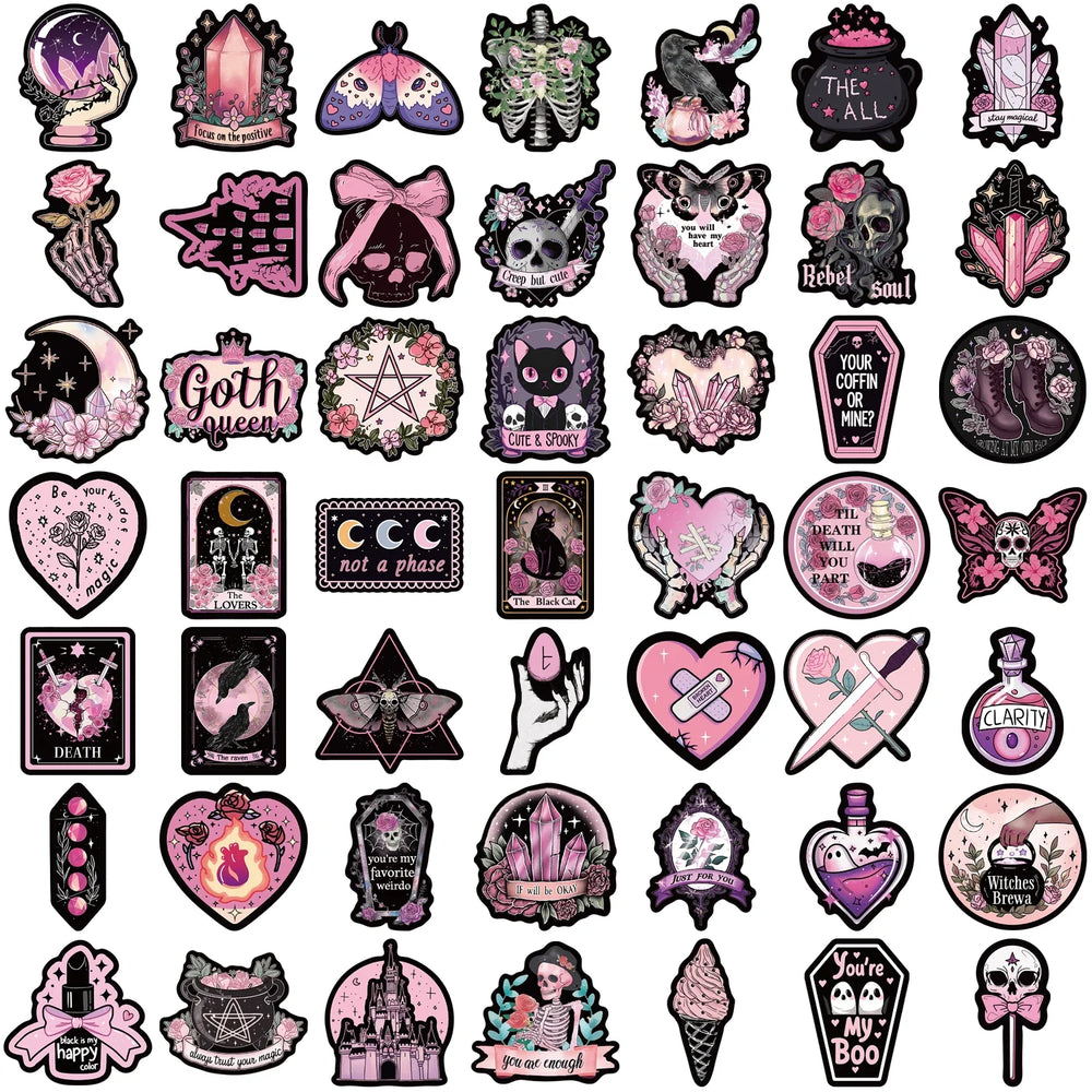50pcs Cool Dark Pink Gothic Skull Graffiti Stickers DIY Scrapbook Luggage Waterproof PVC StickerTarot Goth Decals (Online Order Only)