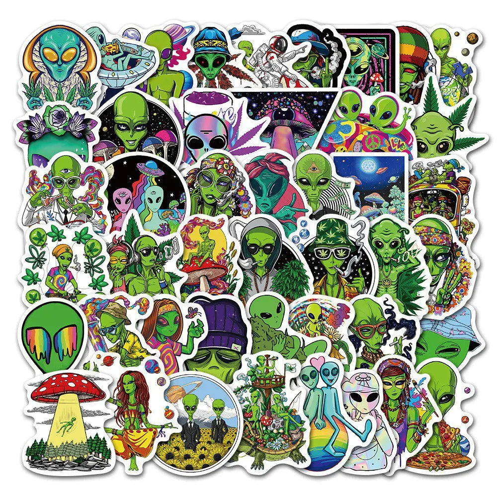 50pcs Psychedelic Alien Weed Characteristics Stickers Laptop Car Bike Travel Luggage Fridge Vinyl Decal Waterproof Sticker Toy (ONLINE ORDER ONLY)