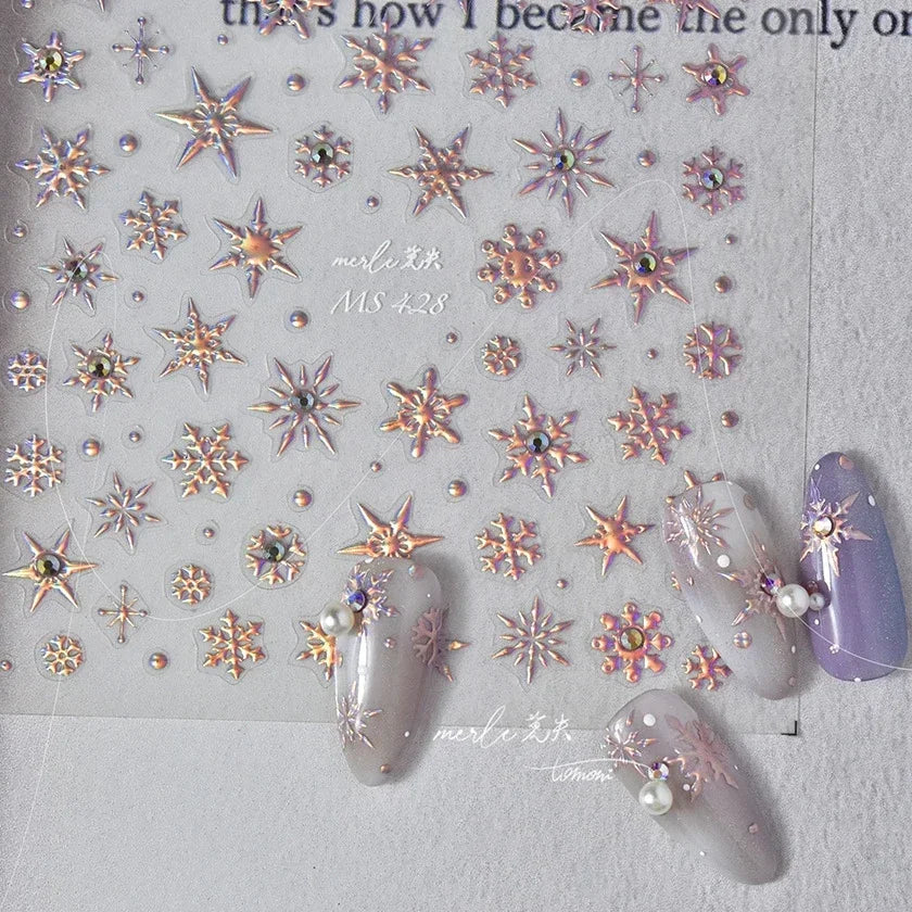 Winter Christmas Crystal Delicate Hexagon Romantic Laser Silver Chic Snowflakes Self Adhesive Nail Art Sticker 5D Manicure Decal (ONLINE ORDER ONLY)
