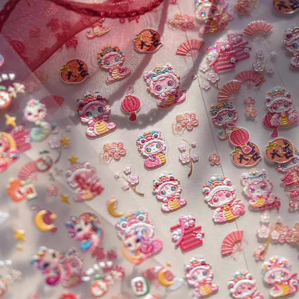 Auspicious Peach Blossom Snake Fan Flower The Spring Festival Tiger Head Adhesive Nail Art Stickers Red Lantern Manicure Decals (Online Order Only)
