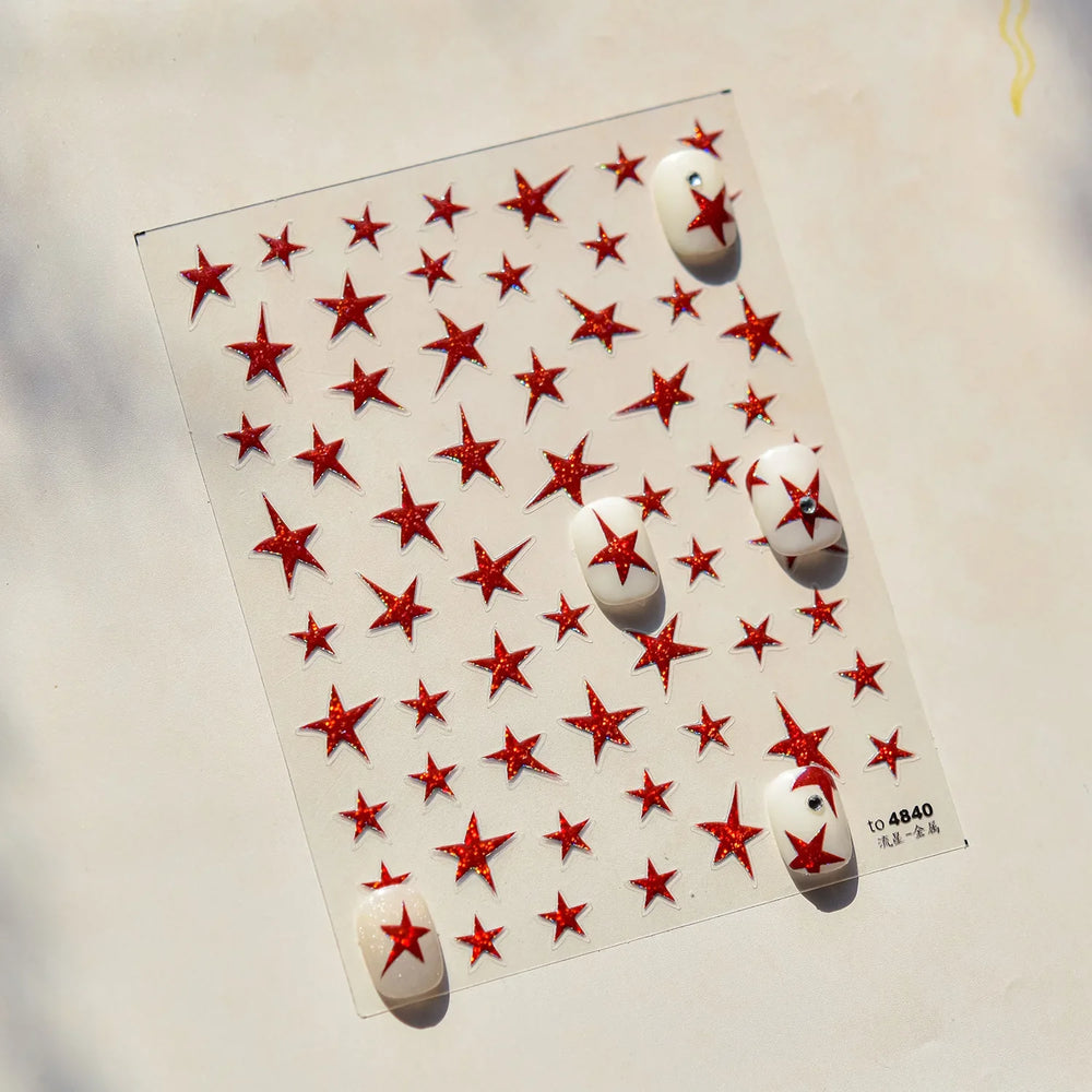 Irregular Stars Red Silver Five-pointed Star Meteor Shiny 5D Self Adhesive Nail Art Stickers Romantic Rhinestone Manicure Decals (ONLINE ORDER ONLY)