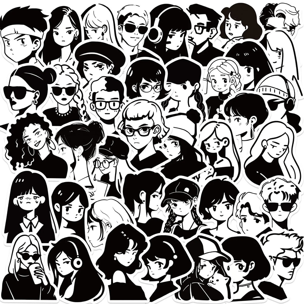 50PCS Black & White Graffiti Cartoon Stickers Waterproof Decals (Online Order Only)