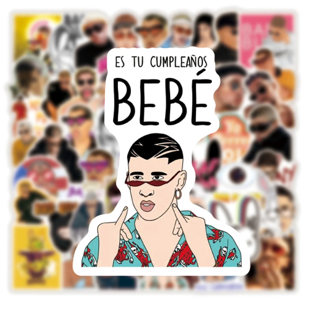 10/30/50pcs Pop Singer Bad Bunny Graffiti Sticker Scrapbook Kids Toys Pvc Laptop Waterproof Notebook Trolley Cool Decal Stickers (ONLINE ORDER ONLY)
