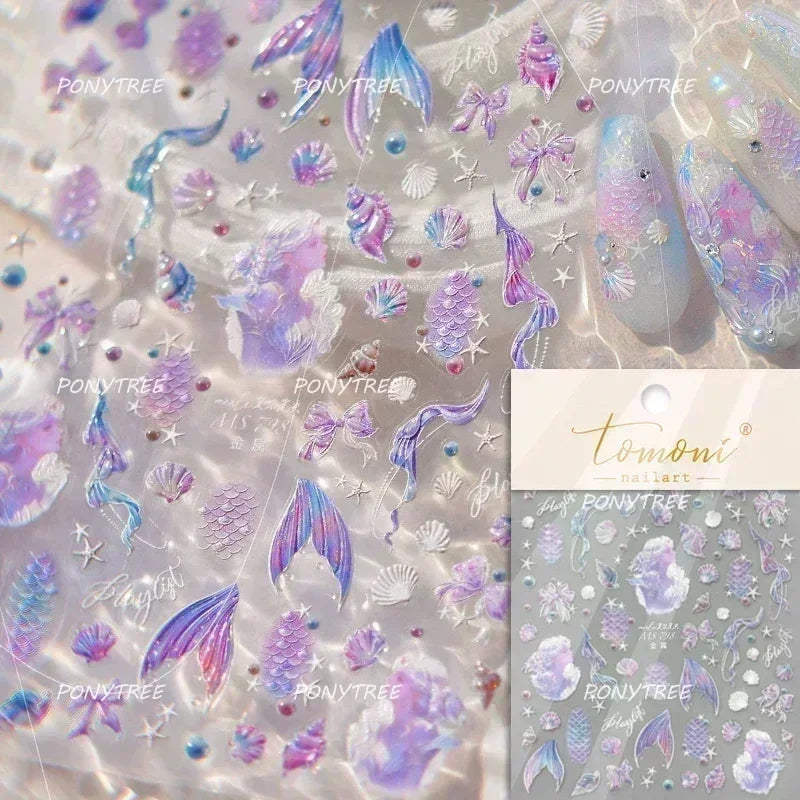 Hot Stamping Laser Shell Conch Starfish Pearl Whale Coral Dolphin Summer Beach Sea Wave Jellyfish Bubble Nail Art Stickers Decal (ONLINE ORDER ONLY)
