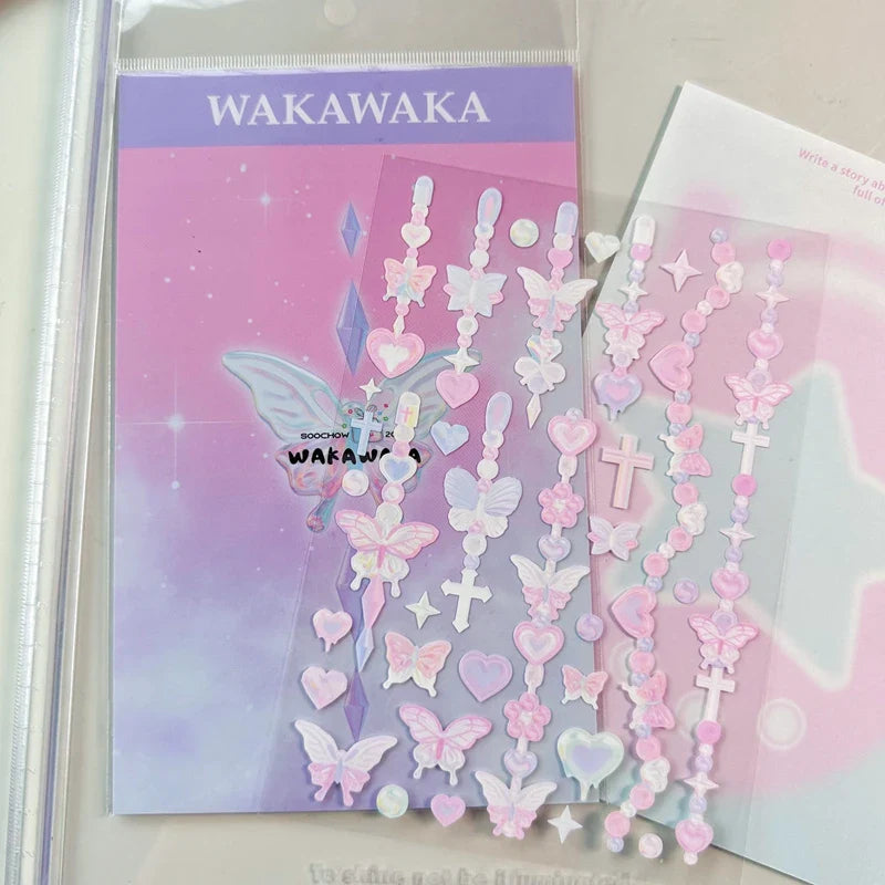 1Pc Korean Ins Butterfly Pearl Chain Sticker Cute Cat Ear Album Decorative Stickers Journal Scrapbooking Kpop Stationery Sticker (Online Order Only)