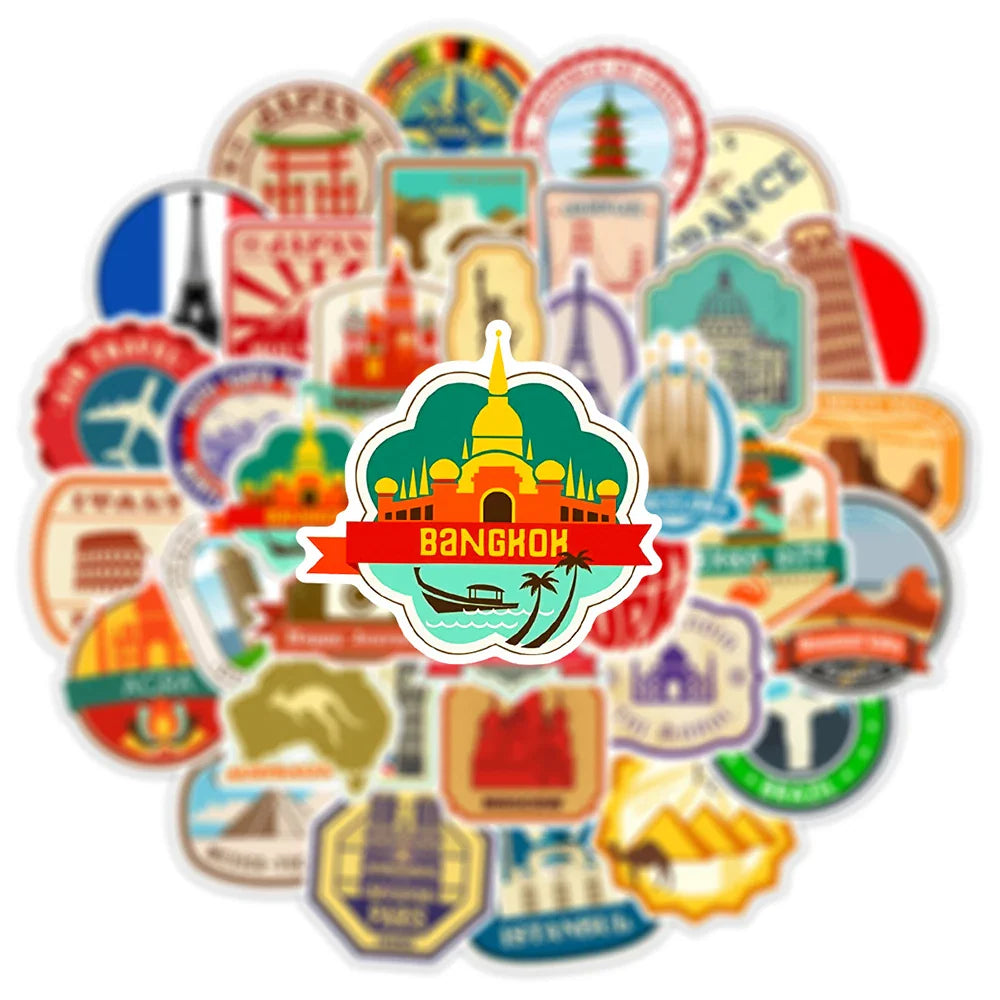 10/30/50pcs Retro Travel Landmark Building Stickers Vintage Decal Skateboard Luggage Laptop Phone Car Waterproof Sticker Kid Toy (ONLINE ORDER ONLY)