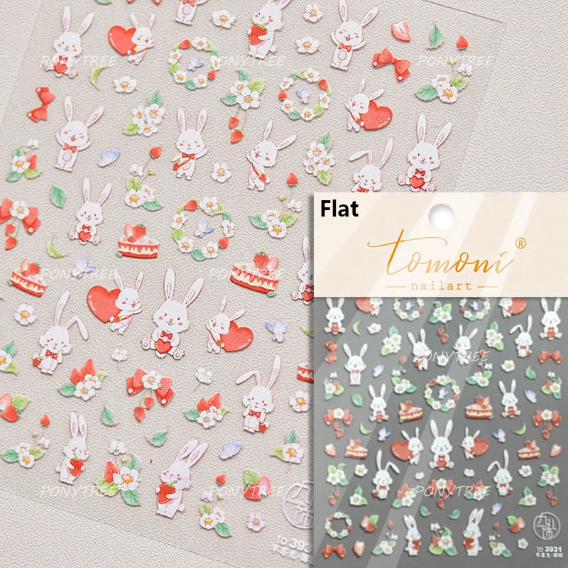 Cute Rabbit Fan Peach Blossom Teacup Lollipop Strawberry Star Cherry Hat Soft Embossed Adhesive Nail Art Stickers Manicure Decal (ONLINE ORDER ONLY)