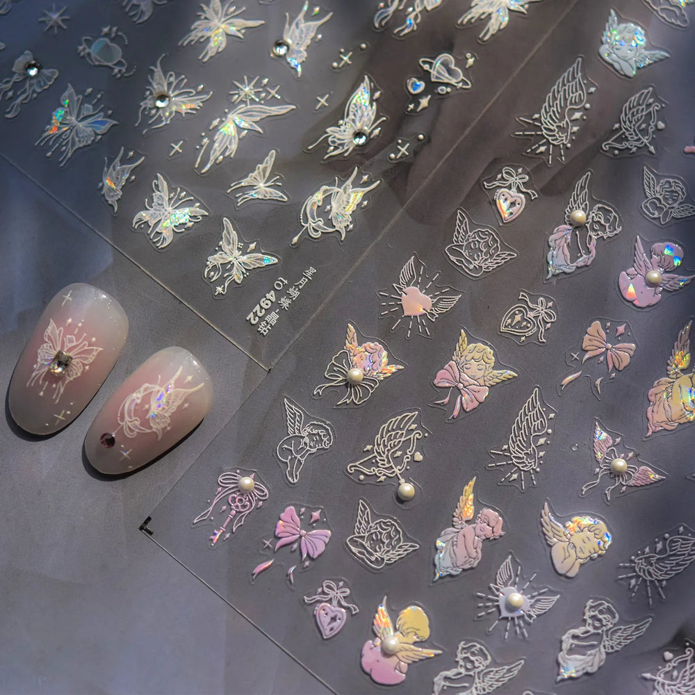 White Pink Baby Child Angel Wing Heart Bowknot Leaves Key Star Cupid's Arrow Archery Adhesive Nail Art Stickers Manicure Decals (ONLINE ORDER ONLY)