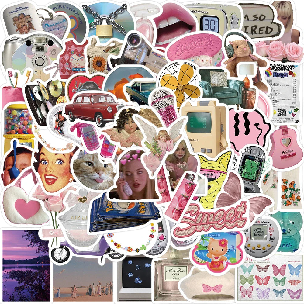 65pcs Retro Millennium Girls Kawaii Stickers Funny Cute Style Decals For Girls Suitcase Phone Guitar Stickers Kids Toys (ONLINE ORDER ONLY)