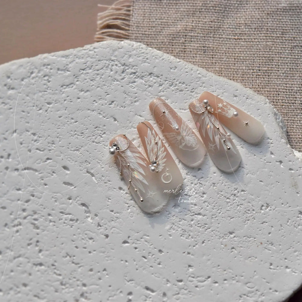 Charming White Shiny Pearl Rhinestone Wings Feathers Crown Moon Stars 3D Self Adhesive Nail Art Sticker Manicure Decal Wholesale (ONLINE ORDER ONLY)