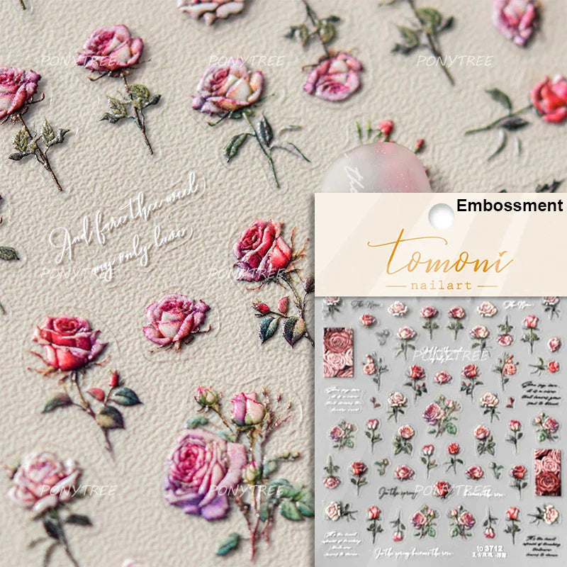 Retro Rose Flowers Bowknot Petal Romantic 5D Soft Embossed Relief Self Adhesive Nail Art Decoration Stickers 3D Manicure Decals (ONLINE ORDER ONLY)