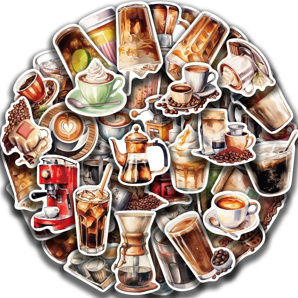 50pcs Cute Cartoon Coffee Lover Stickers Vinyl Laptop Decals For Luggage Water Bottle Notebook Phone Waterproof Graffiti﻿ (ONLINE ORDER ONLY)