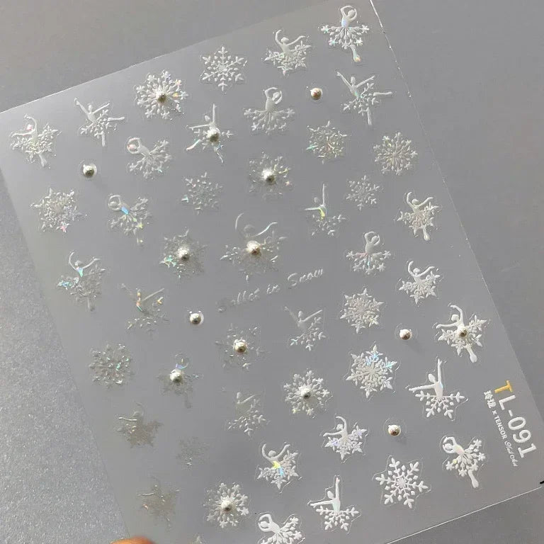 Winter Christmas Crystal Delicate Hexagon Romantic Laser Silver Chic Snowflakes Self Adhesive Nail Art Sticker 5D Manicure Decal (ONLINE ORDER ONLY)
