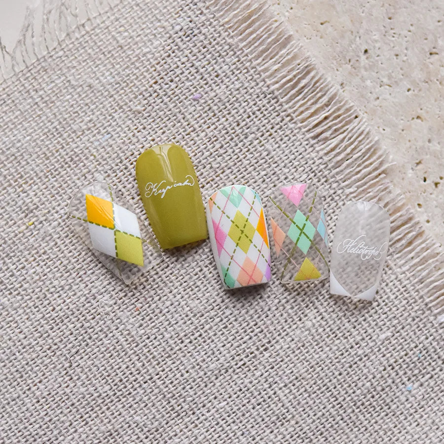French Style Colorful Square Grid Rhombus Stripe Bowknot Line 3D Self Adhesive Nail Art Stickers Shiny Rhinestone Manicure Decal (Online Order Only)
