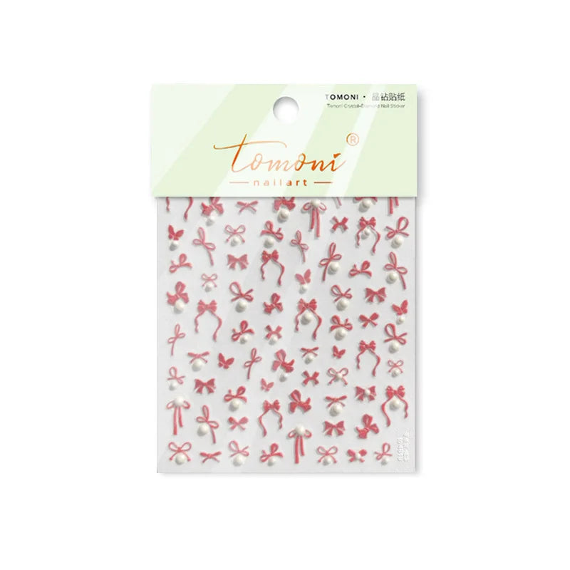 Simple Line Bowknot Red Gold Silver Laser Pink Hot Stamping 3D Self Adhesive Nail Art Stickers Pearl Rhinestone Manicure Decals (ONLINE ORDER ONLY)