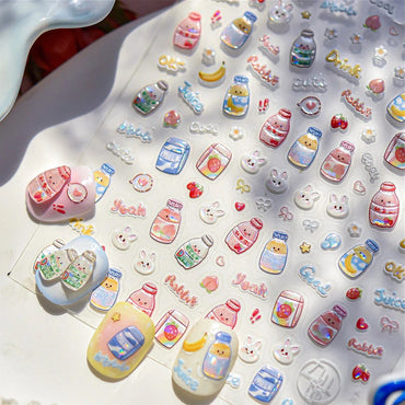 Cute Bowknot Rabbit Fruit Juice Beverage Drink Strawberry Peach Banana Adhesive Nail Art Decoration Stickers Manicure Decals (ONLINE ORDER ONLY)