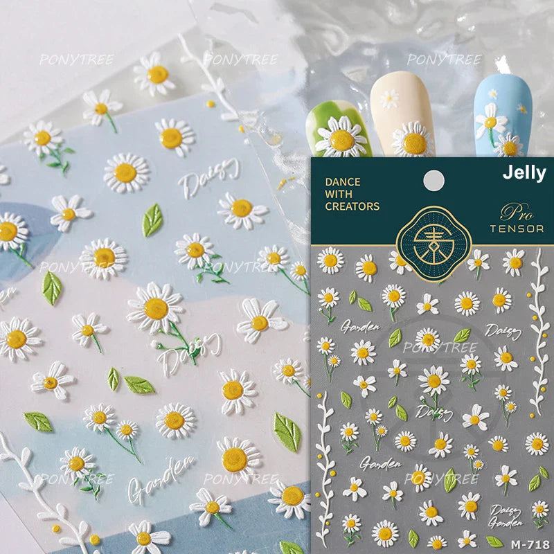 White Daisy Sunflower Green Leaves Wreath Garland Flower Cluster Bouquet Flat Adhesive Nail Art Sticker Manicure Decals Supplies (Online Order Only)