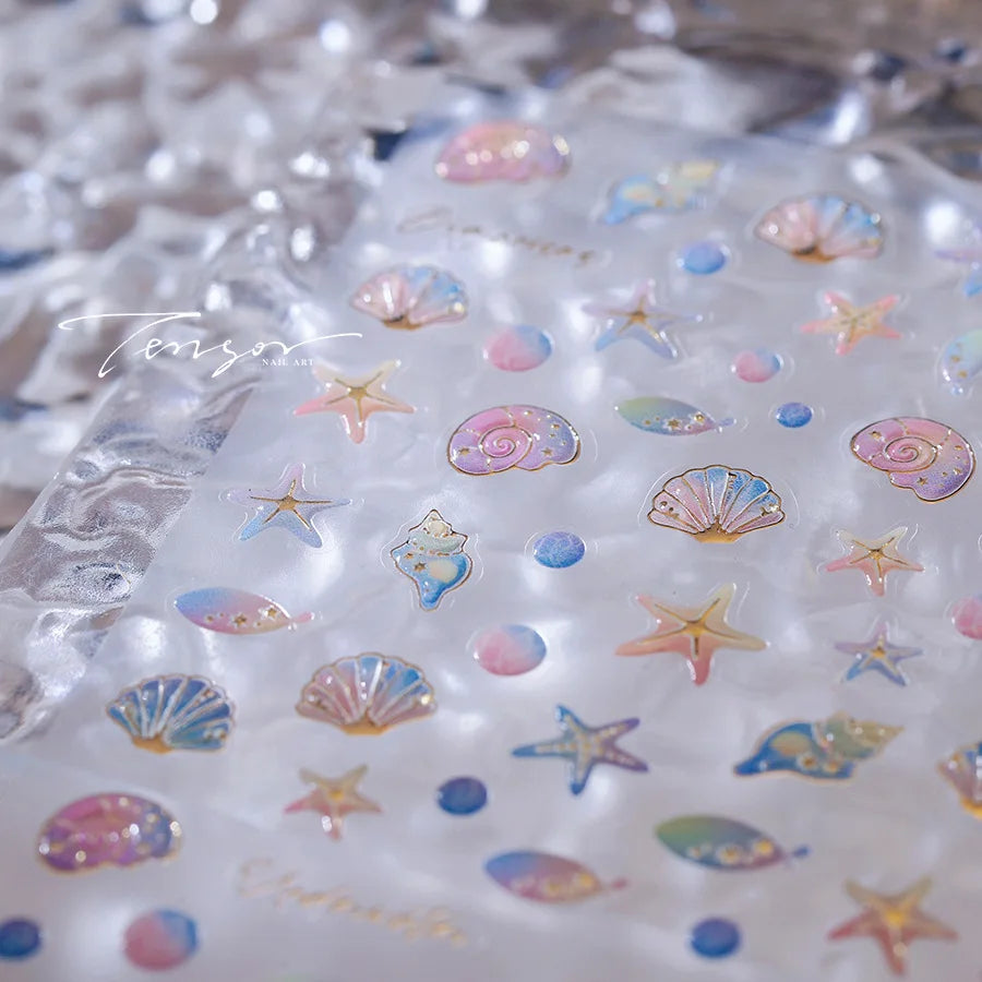 Conch Starfish Shell Beach Fish Star Ocean Colorful Water Bubbles Summer Delicate Self Adhesive Nail Art Stickers Manicure Decal (ONLINE ORDER ONLY)