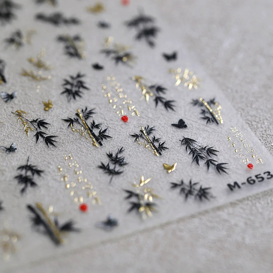 Antique Bamboo Leaf Hot Stamping Plant Botany Calligraphy Characters Self Adhesive Nail Art Stickers Rhinestone Manicure Decals (ONLINE ORDER ONLY)