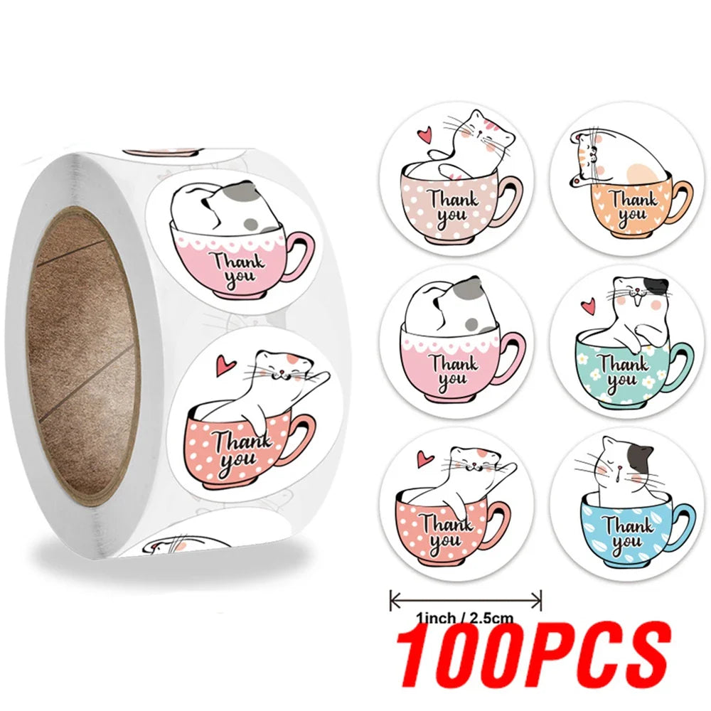 100-500pcs Thank You Cats Stickers For Kids Reward Stickers Thanksgiving Labels Toys 6 Beautiful Designs Stationery stickers (ONLINE ORDER ONLY)