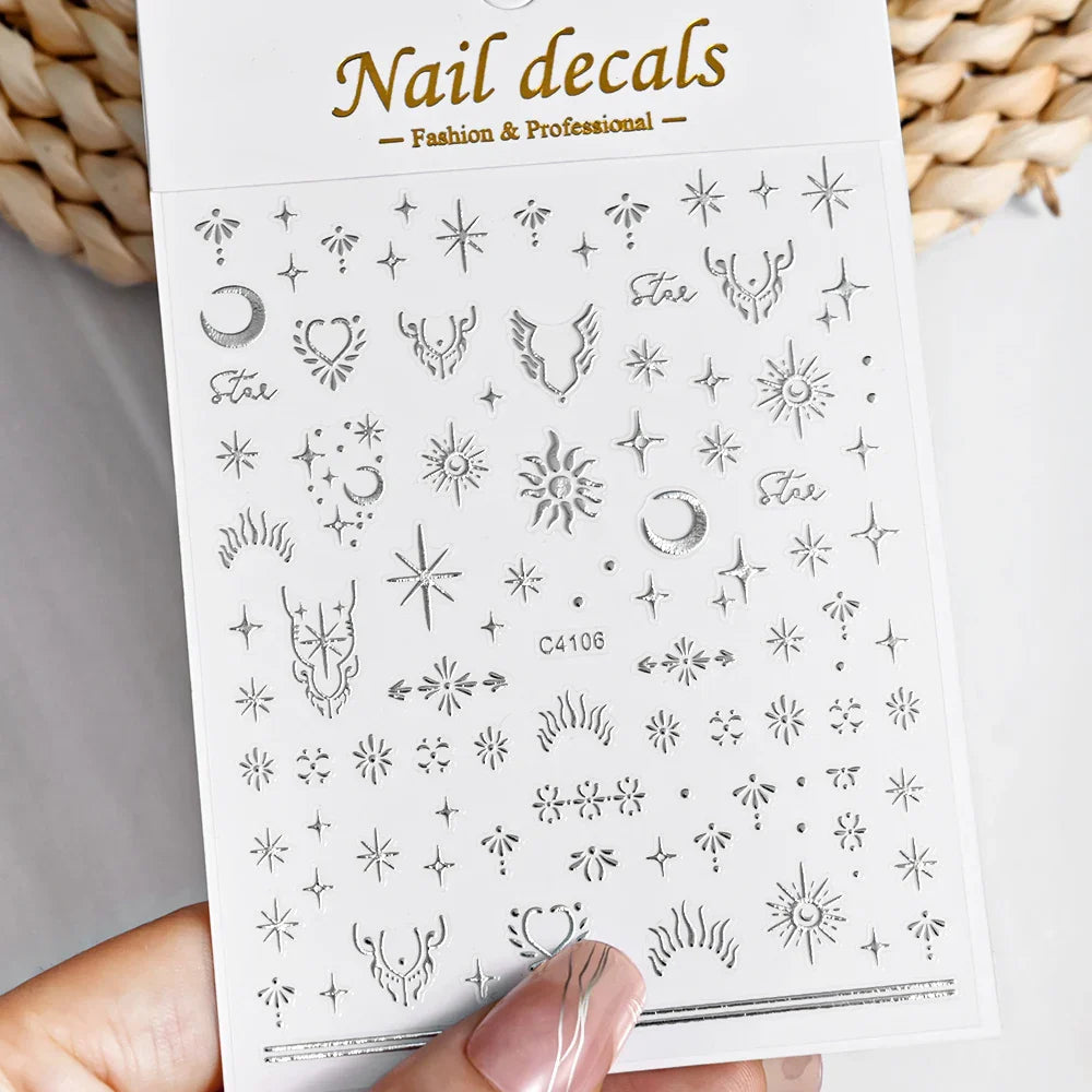 1 Sheet Star Nail Art Stickers 3d Self Adhesive Nail Decals Black White Golden Silver Color Star Design Nail Supplies Accessory (ONLINE ORDER ONLY)