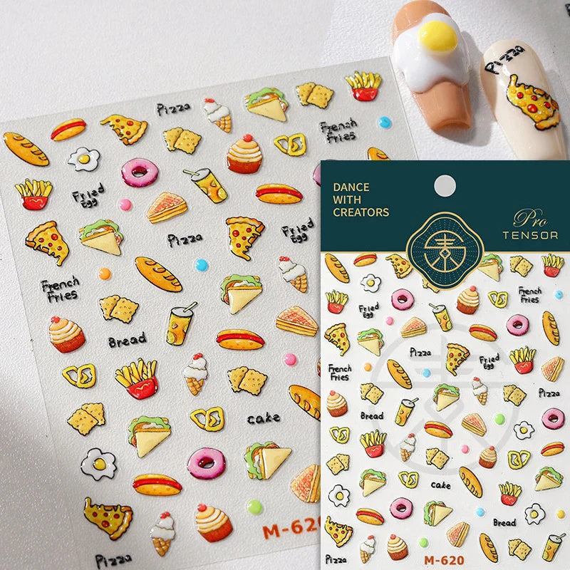 Chic Cute Cheese Ice Cream Pudding Bowknot Strawberry Muffin Stars Cake Embossed Heart Adhesive Nail Art Sticker Manicure Decals (ONLINE ORDER ONLY)