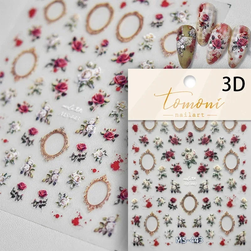 Retro Rose Gold Photo Frame Dried Flower Delicate Totem 3D Self Adhesive Nail Art Stickers 5D Shiny Rhinestone Manicure Decals (ONLINE ORDER ONLY)