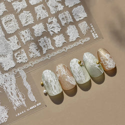 Retro White Lace Bandage Line Bowknot Irregular Fabric Cording Square Calligraphy Adhesive Nail Art Sticker 3D Manicure Decals (ONLINE ORDER ONLY)