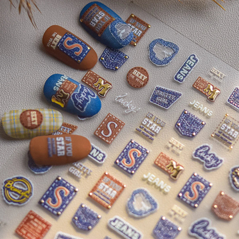 Round Jeans Square Sexy Blue Series Cowboy Lucky Beautiful Letter Self Adhesive Nail Art Sticker Pearl Rhinestone Manicure Decal (ONLINE ORDER ONLY)