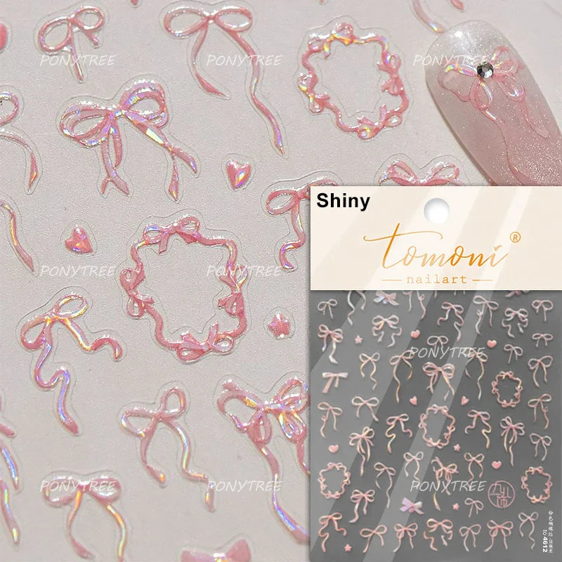 Simple Line Bowknot Red Gold Silver Laser Pink Hot Stamping 3D Self Adhesive Nail Art Stickers Pearl Rhinestone Manicure Decals (ONLINE ORDER ONLY)