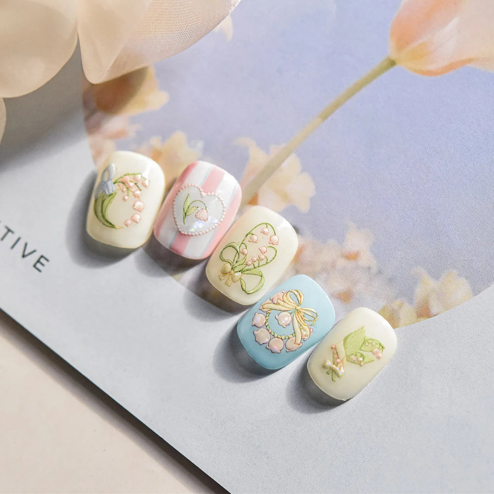 Spring Pink Lily of The Valley Flowers Blooming Blue Bowknot Heart 5D Soft Relief Self Adhesive Nail Art Sticker Manicure Decals (Online Order Only)