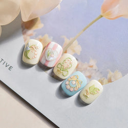 Spring Pink Lily of The Valley Flowers Blooming Blue Bowknot Heart 5D Soft Relief Self Adhesive Nail Art Sticker Manicure Decals (Online Order Only)