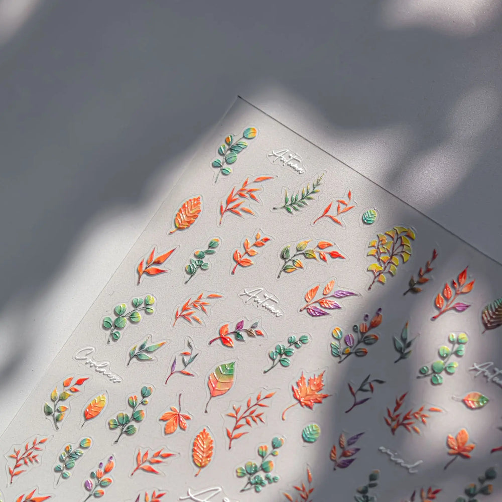 Autumn Fall Maple Leaves Ginkgo Leaf Osmanthus Chrysanthemums Rabbit Bunny Plant Flower Relief Nail Art Sticker Decoration Decal (ONLINE ORDER ONLY)