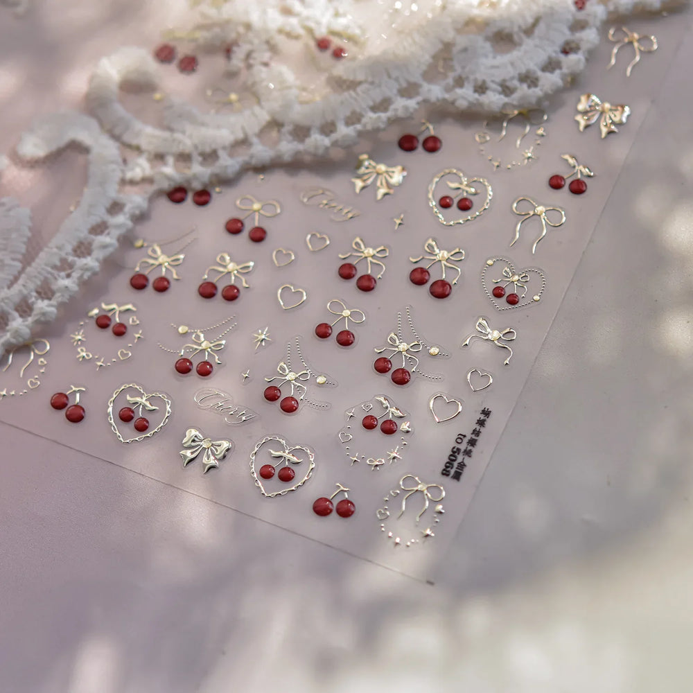 Lovely Red Fruit Strawberry Cherry Bowknot Love Heart Star Silk Ribbon Chic Rhinestone Adhesive Nail Art Stickers Manicure Decal (ONLINE ORDER ONLY)