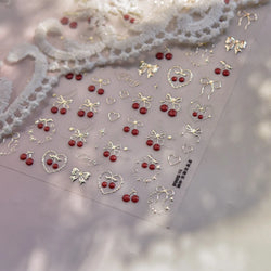 Lovely Red Fruit Strawberry Cherry Bowknot Love Heart Star Silk Ribbon Chic Rhinestone Adhesive Nail Art Stickers Manicure Decal (ONLINE ORDER ONLY)