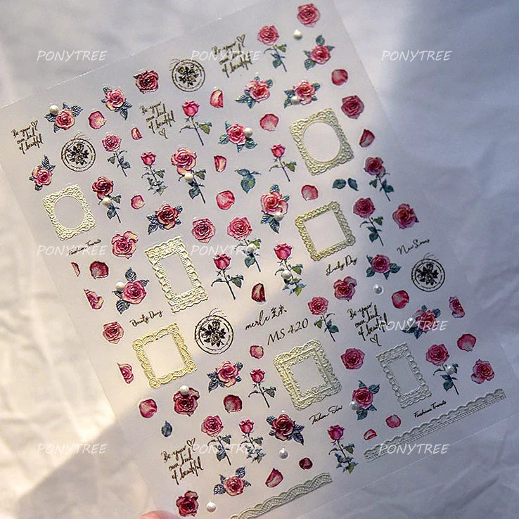 Retro Glass Geometry Glaze Rectangle Round Rose Camellia Adhesive Nail Art Stickers Frame Gemstone Charm Noble Manicure Decals (ONLINE ORDER ONLY)