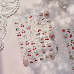 Lovely Red Fruit Strawberry Cherry Bowknot Love Heart Star Silk Ribbon Chic Rhinestone Adhesive Nail Art Stickers Manicure Decal (ONLINE ORDER ONLY)